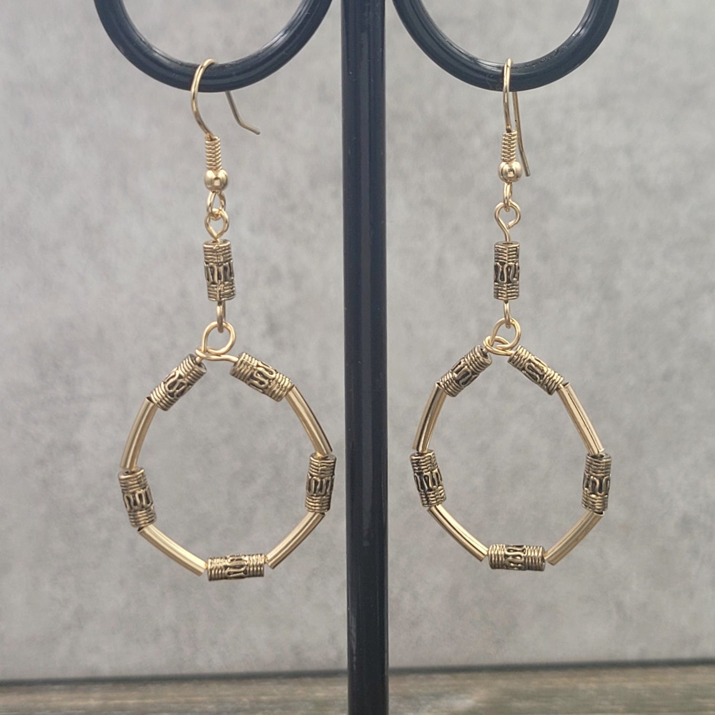 BESHEEK Goldtone Tibetan Rope Dangle Hoop Earrings | Handmade Hypoallergenic Boho Beach Gala Wedding Style Fashion Earrings