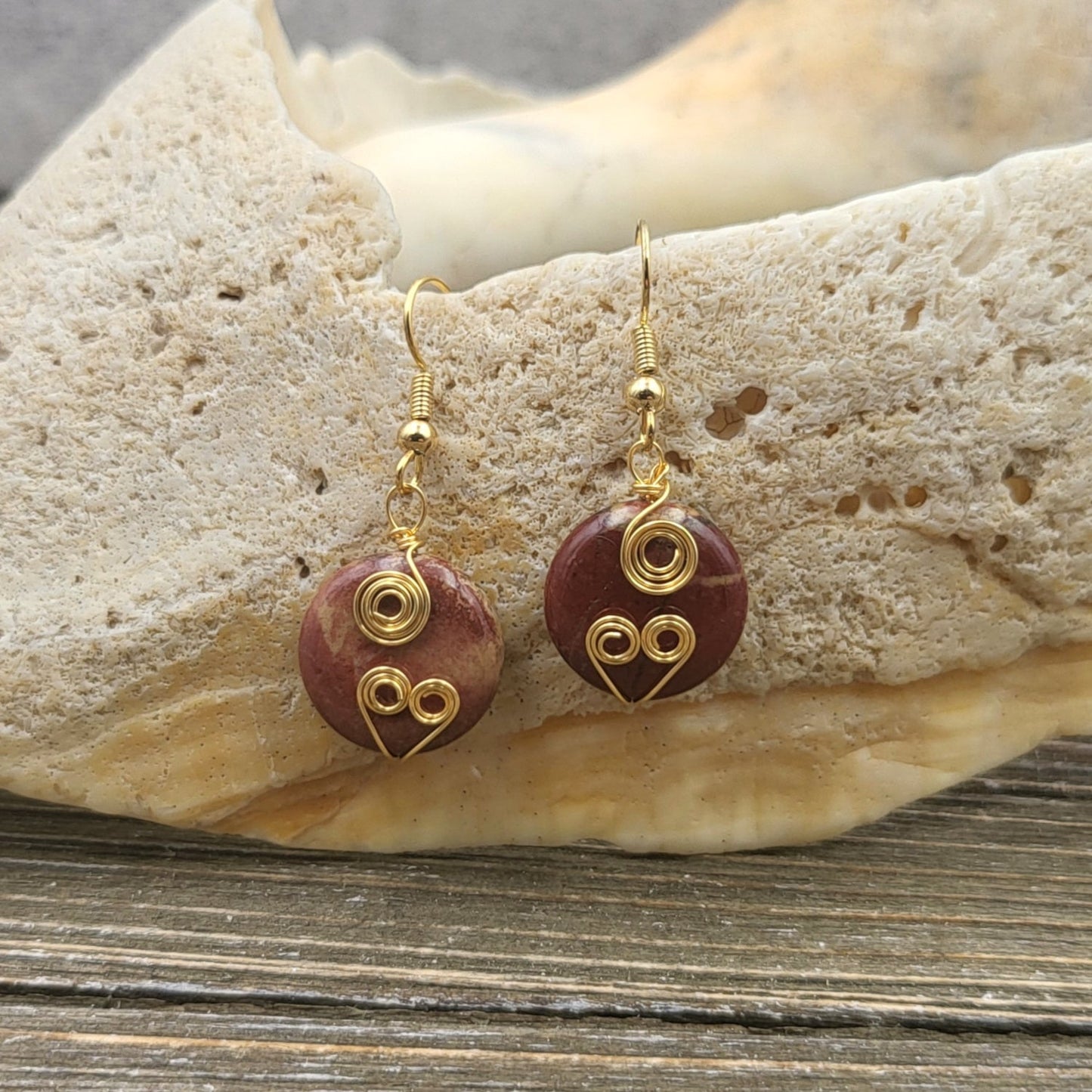 BESHEEK Copper and Natural Red Jasper Dangle Earrings | Handmade Hypoallergenic Boho Beach Gala Wedding Style Fashion Earrings