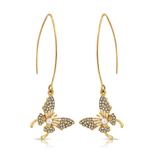 BESHEEK Goldtone and Rhinestones Faux Pearl Butterfly Fish Hook Earrings | Handmade Hypoallergenic Boho Beach Gala Wedding Style Fashion Earrings