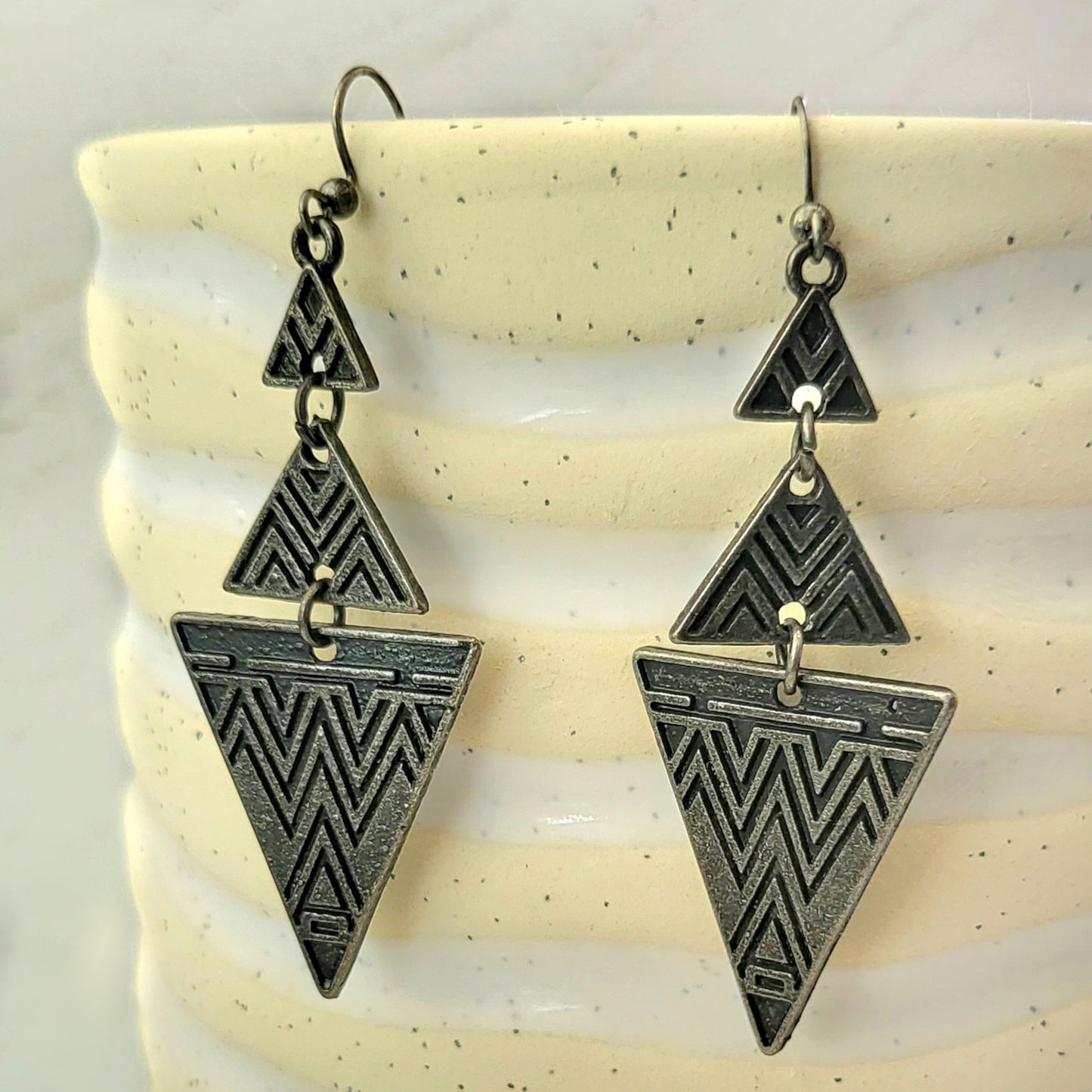 BESHEEK Bronzetone Triangle Aztec Chandelier Earrings | Hypoallergenic Boho Beach Gala Wedding Style Fashion Earrings