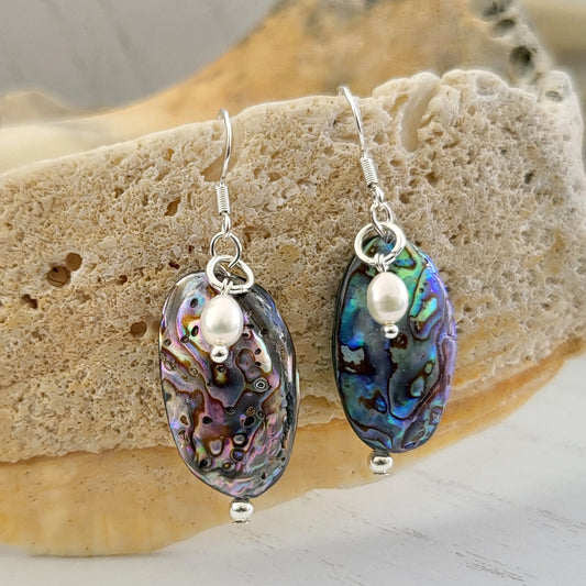 BESHEEK Sterling Silver, Freshwater Pearl and Abalone Shell Puff Earrings | Hypoallergenic Boho Beach Gala Wedding Style Fashion Earrings