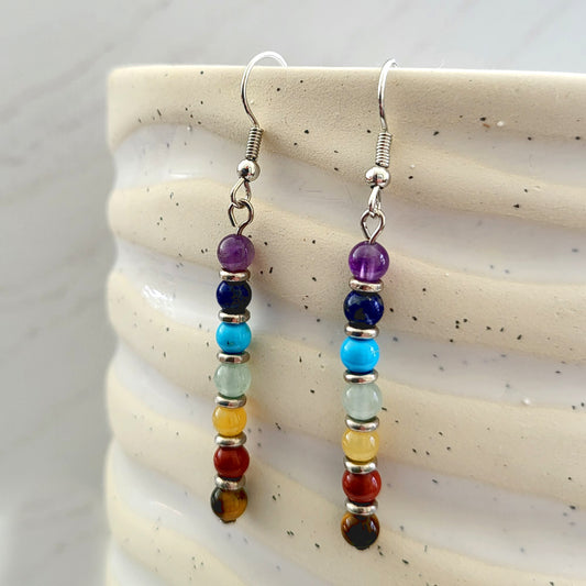 BESHEEK Silvertone Rainbow Hematite Chakra Beaded Dangle Earrings | Hypoallergenic Boho Beach Gala Wedding Style Fashion Earrings