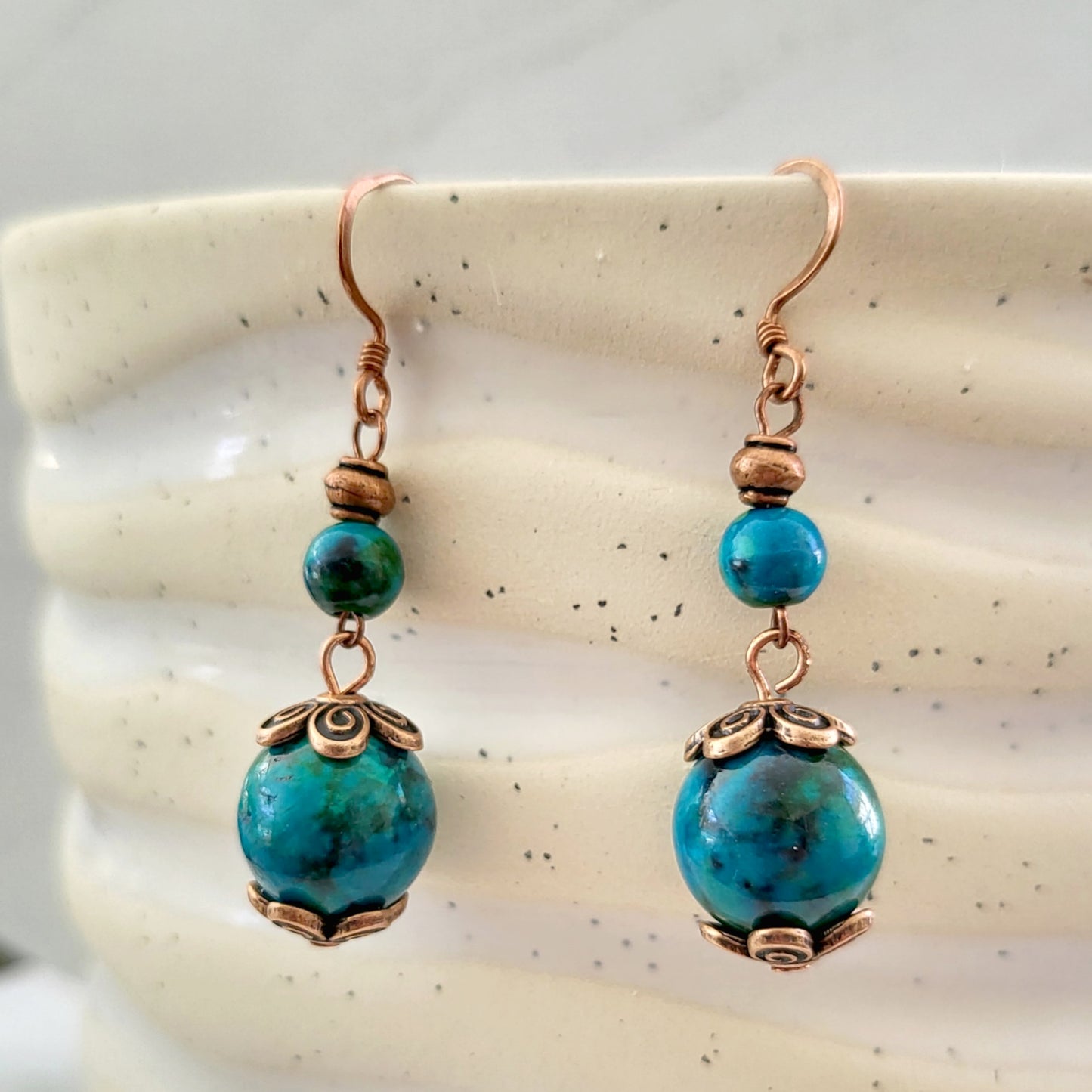 BESHEEK Copper and Teal Azurite Double Layer Dangle Earrings | Hypoallergenic Boho Beach Gala Wedding Style Fashion Earrings