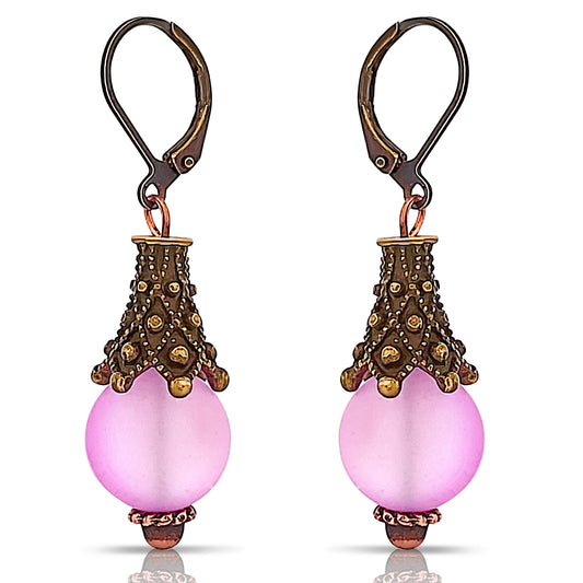 BESHEEK Antique Bronze and Stone Renaissance Cone Leverback Dangle Earrings | Hypoallergenic Boho Gotham Viking Style Fashion Earrings