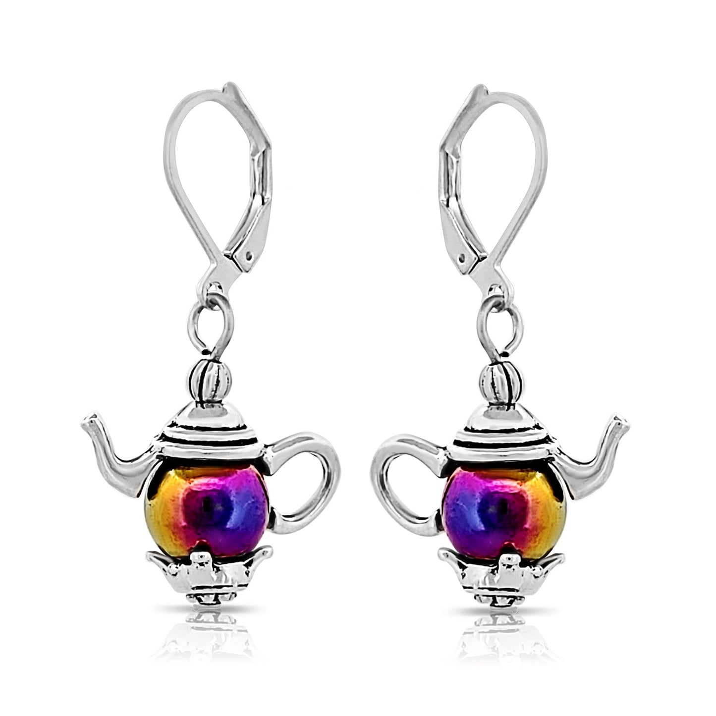 BESHEEK Silvertone Tea Kettle Leverback Dangle Earrings | Hypoallergenic Boho Beach Genie in a bottle Wedding Style Fashion Earrings