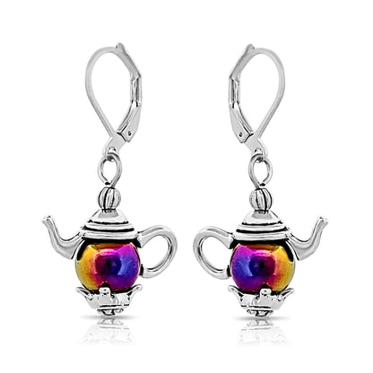 BESHEEK Silvertone Tea Kettle Leverback Dangle Earrings | Hypoallergenic Boho Beach Genie in a bottle Wedding Style Fashion Earrings