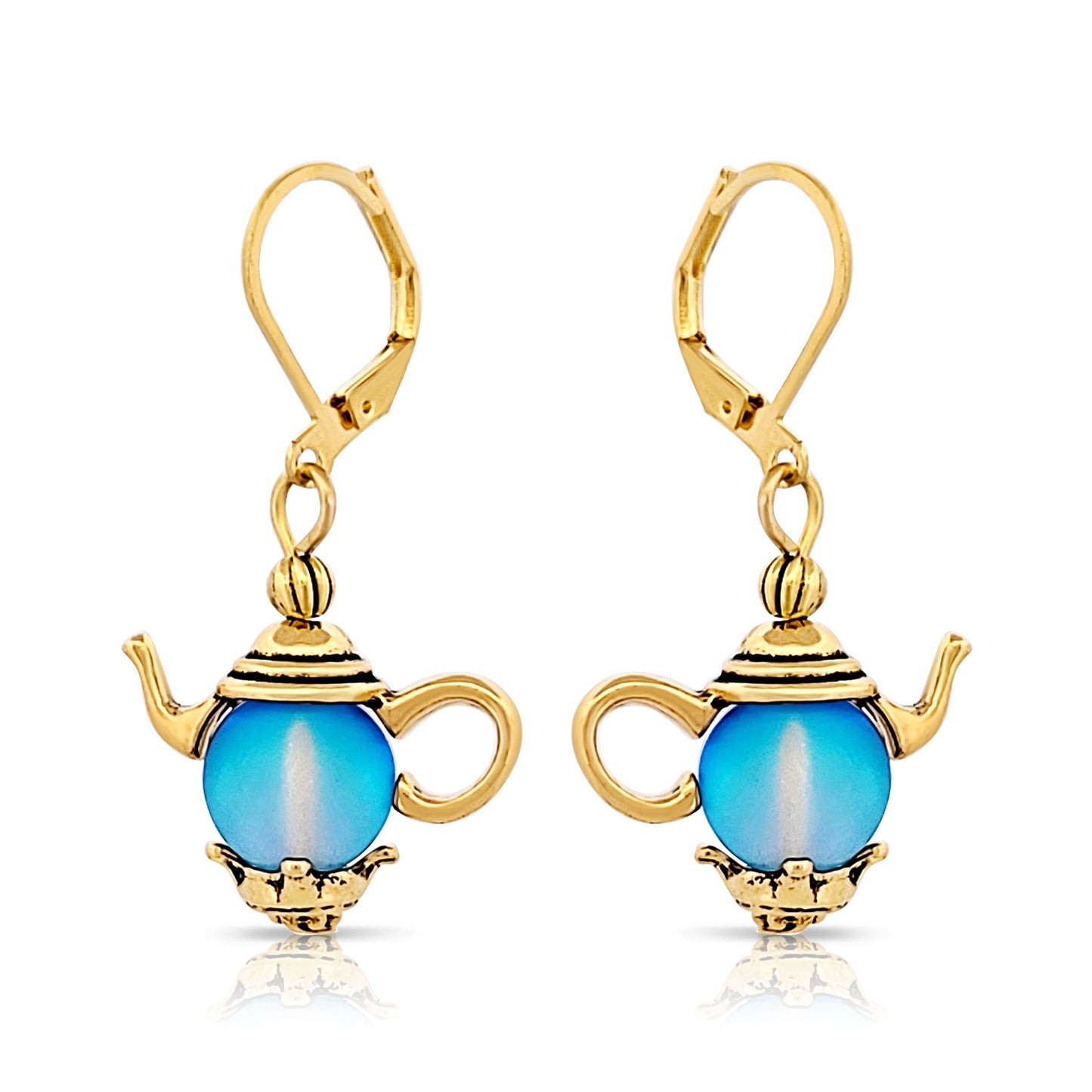 BESHEEK Goldtone Tea Kettle Leverback Dangle Earrings | Hypoallergenic Boho Beach Genie in a bottle Wedding Style Fashion Earrings