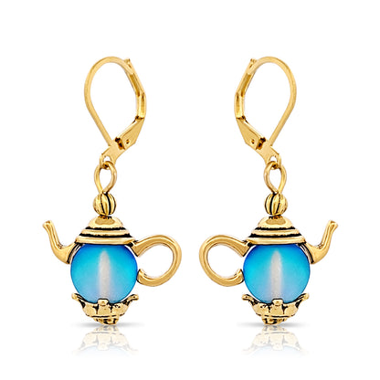 BESHEEK Goldtone Tea Kettle Leverback Dangle Earrings | Hypoallergenic Boho Beach Genie in a bottle Wedding Style Fashion Earrings
