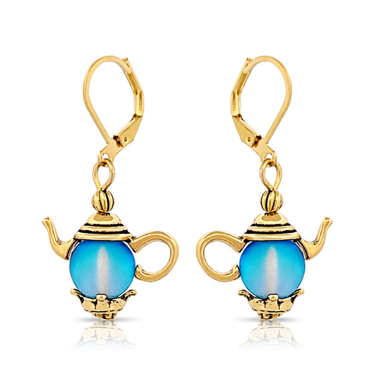 BESHEEK Goldtone Tea Kettle Leverback Dangle Earrings | Hypoallergenic Boho Beach Genie in a bottle Wedding Style Fashion Earrings