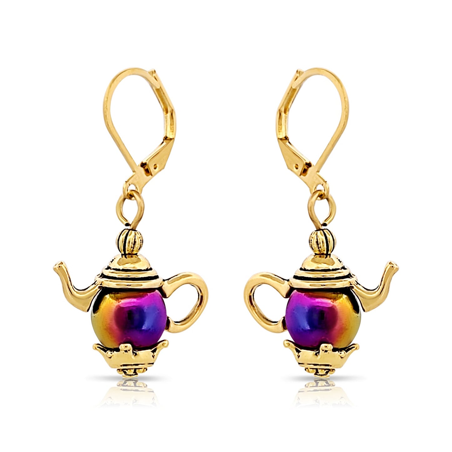 BESHEEK Goldtone Tea Kettle Leverback Dangle Earrings | Hypoallergenic Boho Beach Genie in a bottle Wedding Style Fashion Earrings