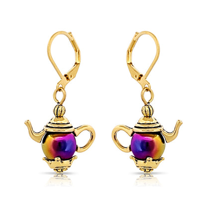 BESHEEK Goldtone Tea Kettle Leverback Dangle Earrings | Hypoallergenic Boho Beach Genie in a bottle Wedding Style Fashion Earrings