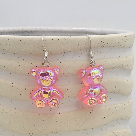 BESHEEK Silvertone and Pink Resin Gummy Bear Dangle Earrings | Hypoallergenic Boho Kitchsy Artistic Funky Cute Style Fashion Earrings