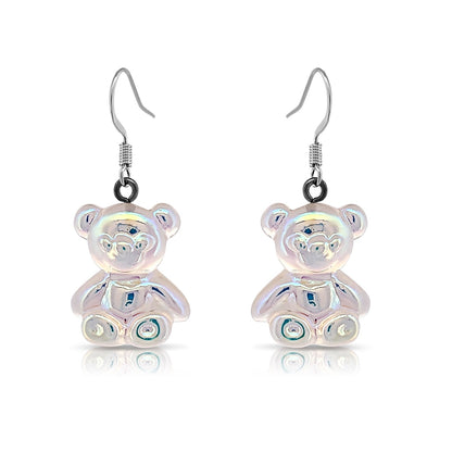 BESHEEK Silvertone and Clear AB Resin Gummy Bear Dangle Earrings | Hypoallergenic Boho Kitchsy Artistic Funky Cute Style Fashion Earrings