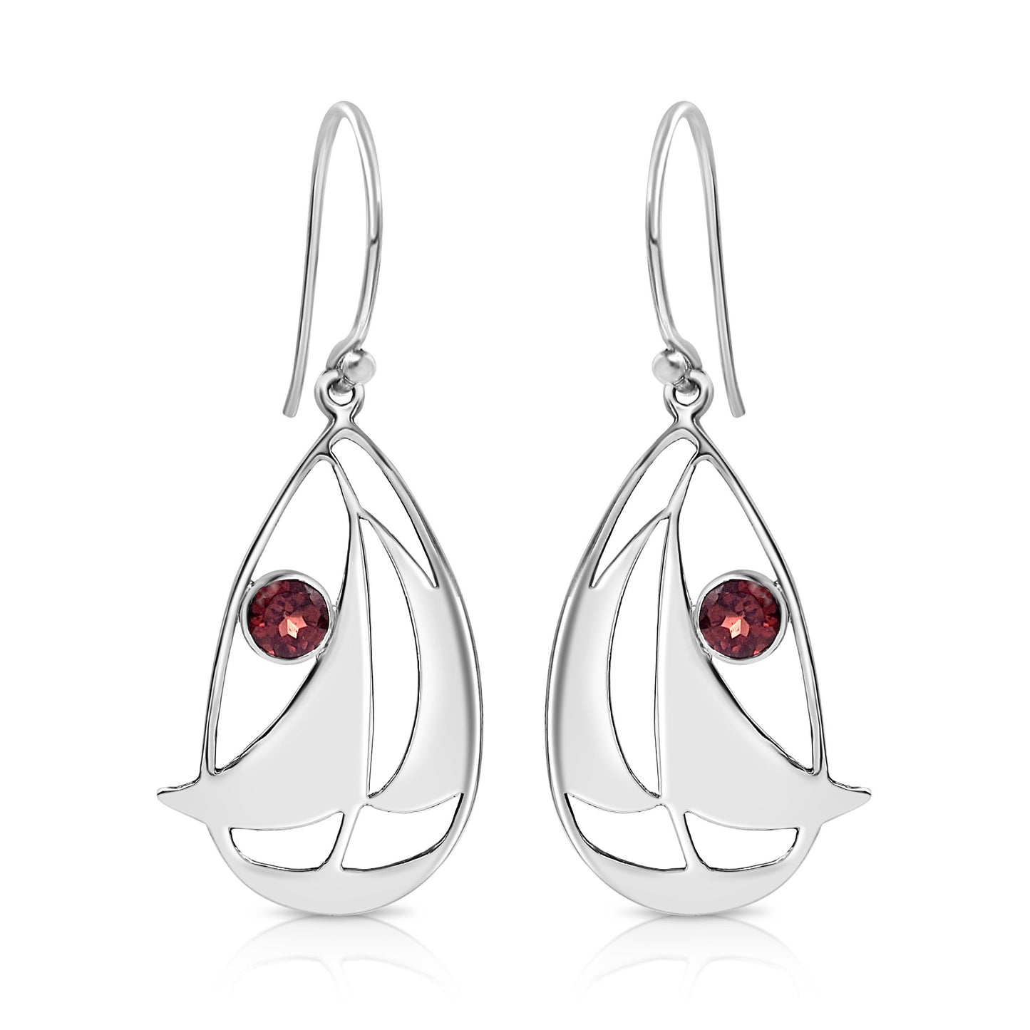 BESHEEK Sterling Silver and Garnet Sail Boat Dangle Earrings | Handmade Hypoallergenic Boho Beach Gala Wedding Style Sterling Earrings