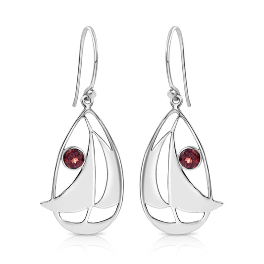 BESHEEK Sterling Silver and Garnet Sail Boat Dangle Earrings | Handmade Hypoallergenic Boho Beach Gala Wedding Style Sterling Earrings