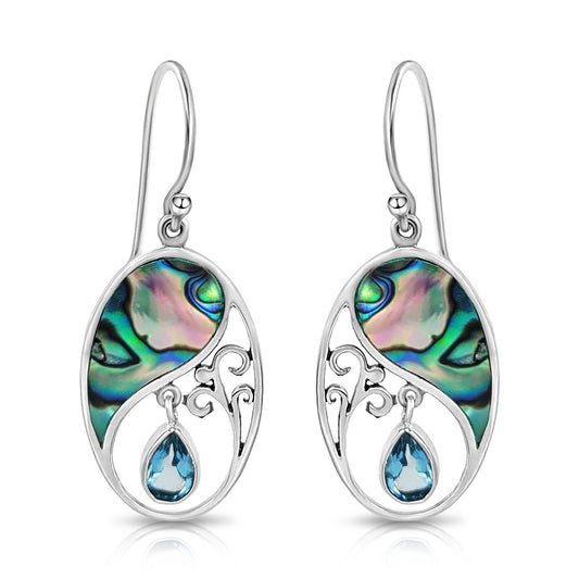 BESHEEK Sterling Silver and Blue Topaz Abalone Shell Oval Teardrop Earrings | Handmade Hypoallergenic Boho Beach Gala Wedding Style Sterling Earrings