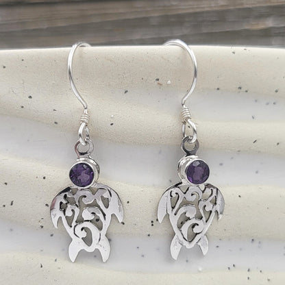 Sterling Silver Gemstone Turtle Filigree Cut out Earrings