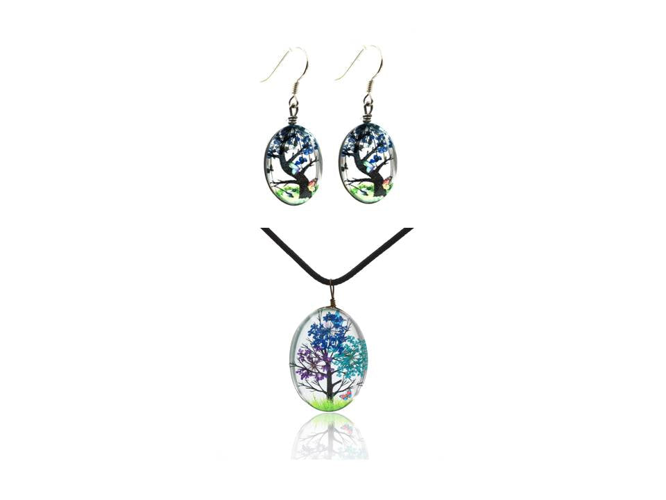 Blue and Purple blossom tree Glass Pendant and Earrings Necklace Set