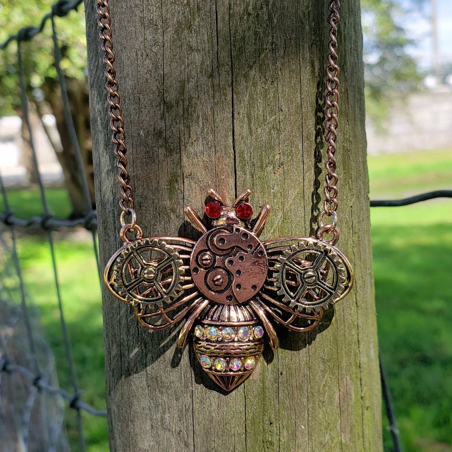 Steampunk Antique Copper and Rhinestone Bumble Bee Gear Pendant Necklace
