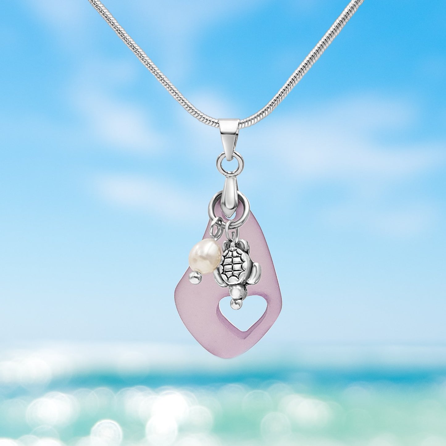 Purple Sea Glass Heart and Freshwater Pearl Necklace