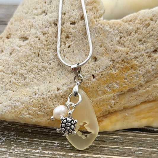 BESHEEK Yellow Seaglass with Turtle and Freshwater Pearl Pendant Necklace. ? Handmade Hypoallergenic Boho Beach Gala Wedding Style Fashion Jewelry