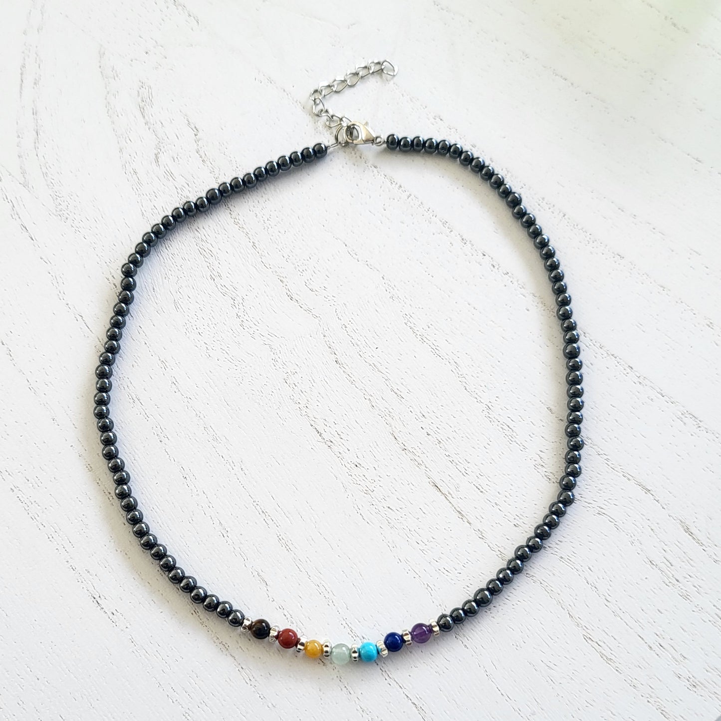 BESHEEK Silvertone Rainbow Hematite Chakra Beaded Adjustable Necklace? Handmade Hypoallergenic Boho Beach Gala Wedding Style Fashion Jewelry
