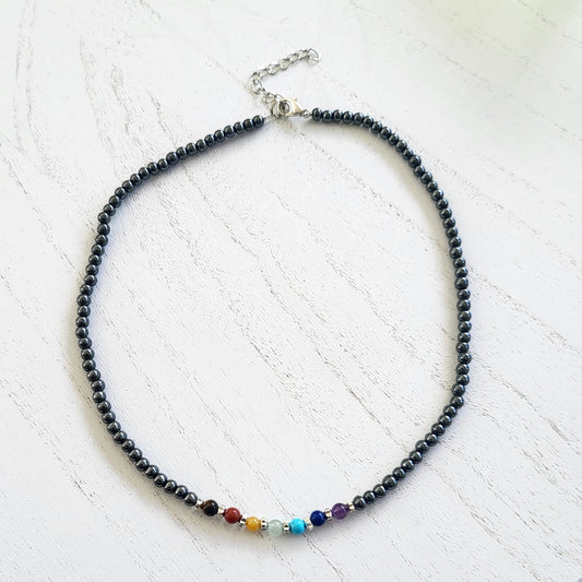 BESHEEK Silvertone Rainbow Hematite Chakra Beaded Adjustable Necklace? Handmade Hypoallergenic Boho Beach Gala Wedding Style Fashion Jewelry
