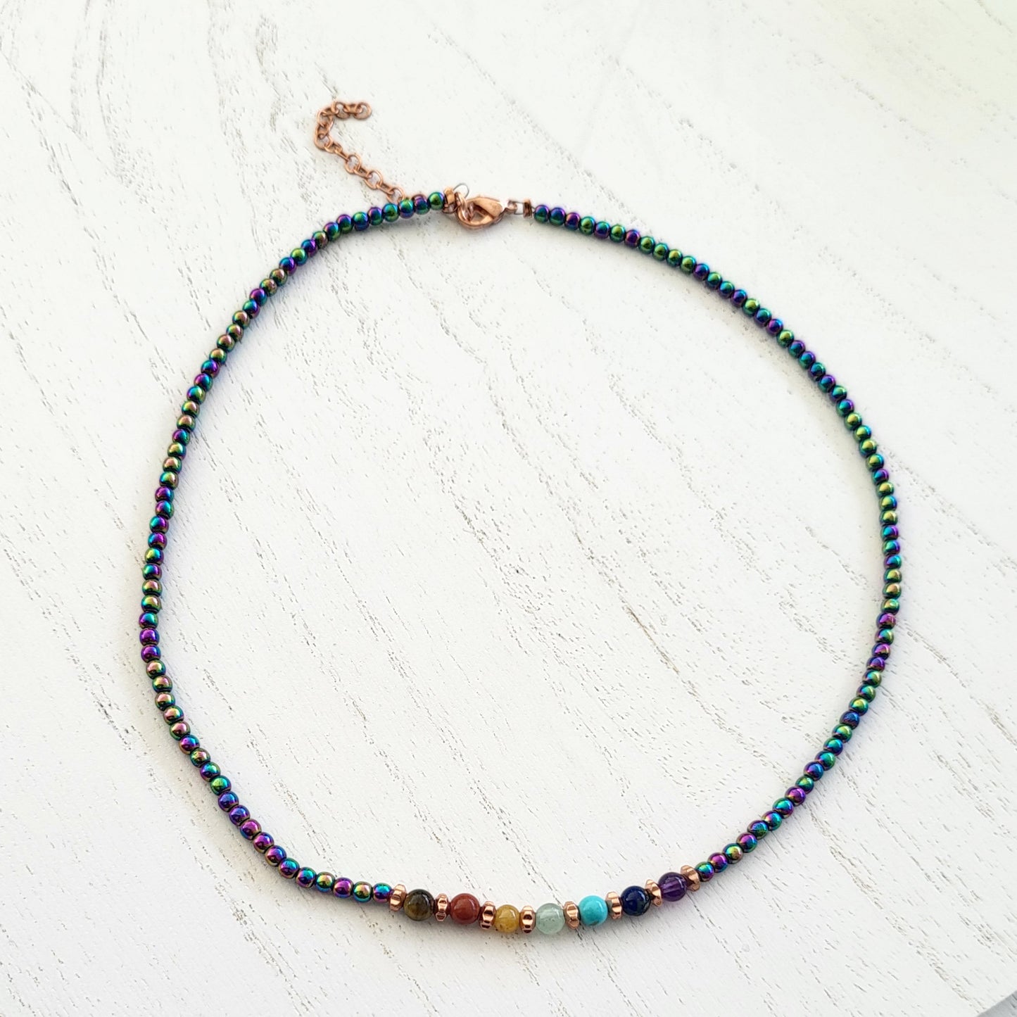 BESHEEK Copper Rainbow Hematite Chakra Beaded Adjustable Necklace? Handmade Hypoallergenic Boho Beach Gala Wedding Style Fashion Jewelry