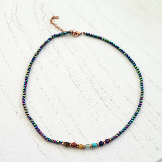 BESHEEK Copper Rainbow Hematite Chakra Beaded Adjustable Necklace? Handmade Hypoallergenic Boho Beach Gala Wedding Style Fashion Jewelry