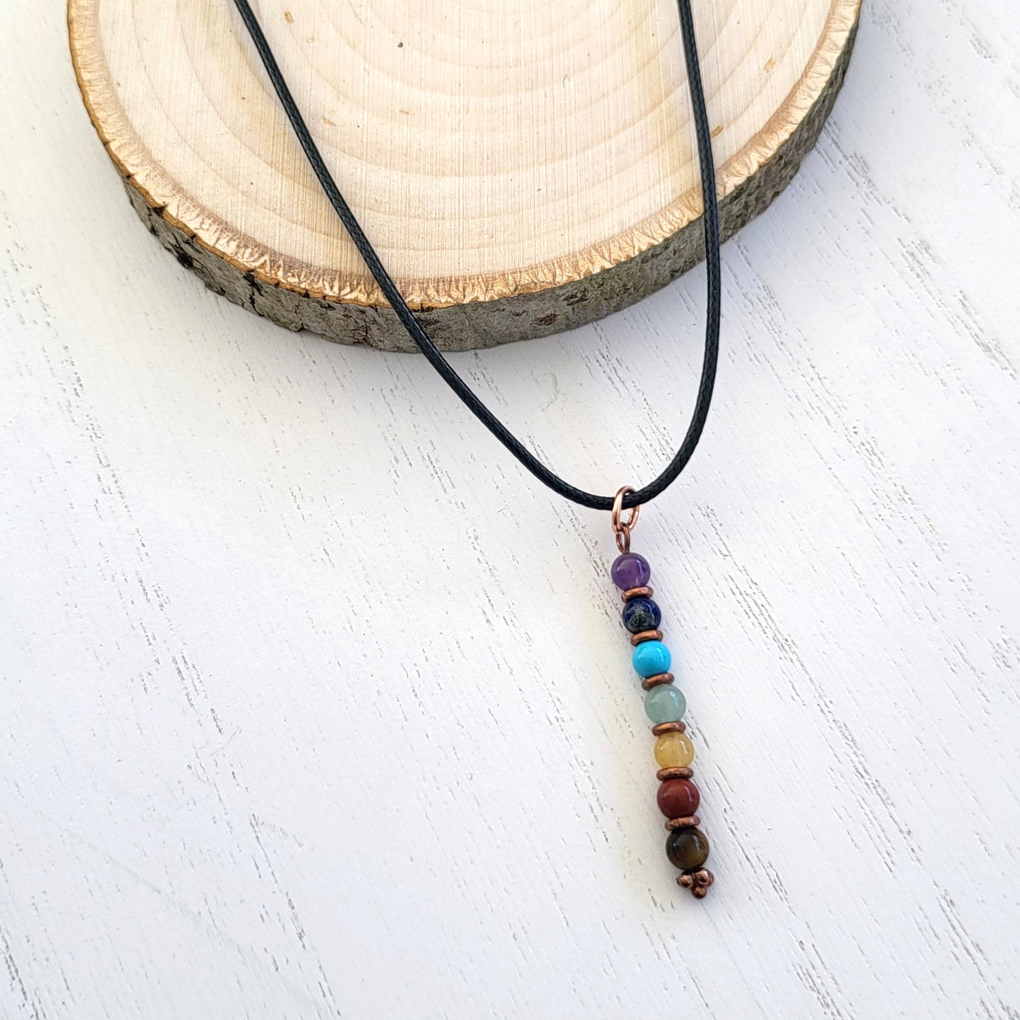 BESHEEK Copper Rainbow Multi Stone Chakra Bar Linear Necklace? Handmade Hypoallergenic Boho Beach Gala Wedding Style Fashion Jewelry