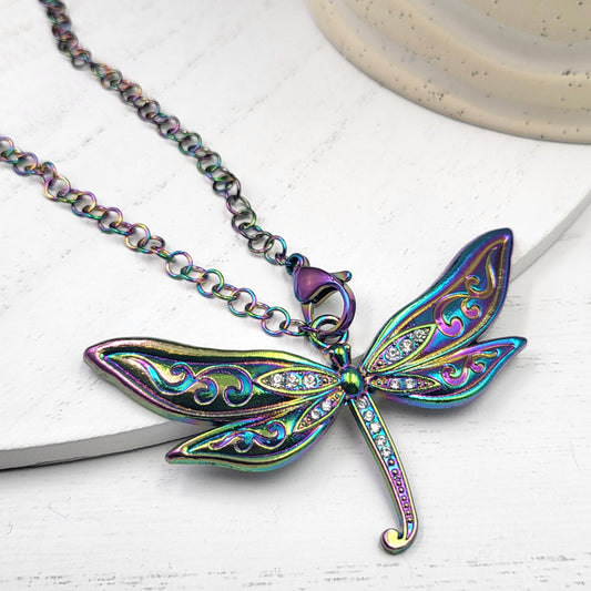 Rainbow Electroplate Stainless Steel Rhinestone Dragonfly Lariat Necklace