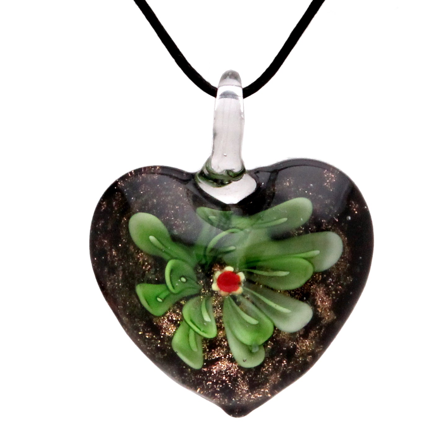 Glass Black and Green Flower Heart Pendant Necklace