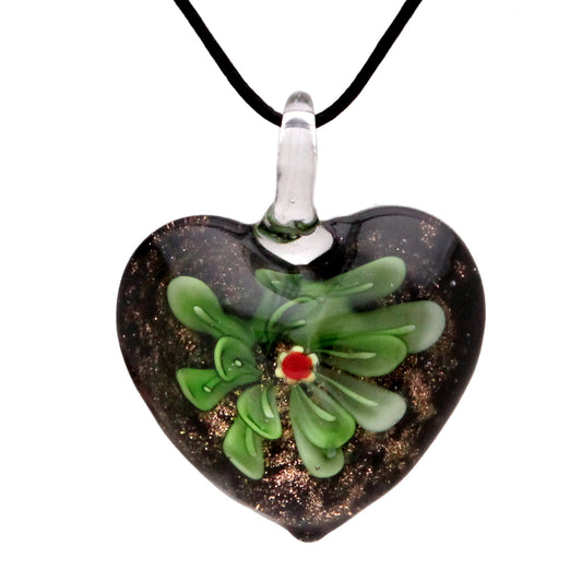Glass Black and Green Flower Heart Pendant Necklace