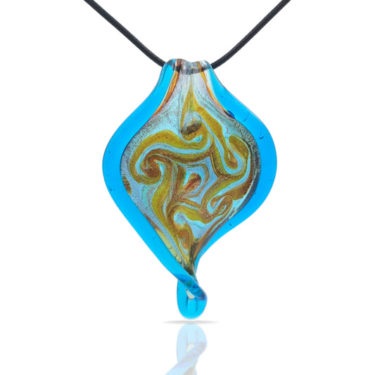 BESHEEK Handmade Murano Inspired Blown Glass Lampwork Art Aqua Blue and Silver Twist Leaf Necklace Pendant ? Handcrafted Artisan Hypoallergenic Italian Style Jewelry