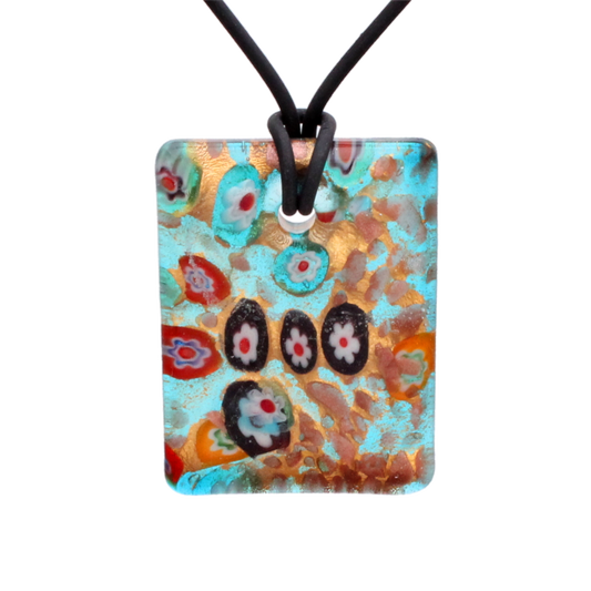 BESHEEK Handmade Murano Inspired Blown Glass Lampwork Art Aqua Blue Millefiori Rectangle Necklace Pendant ? Handcrafted Artisan Hypoallergenic Italian Style Jewelry