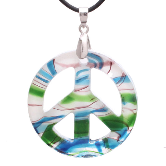 BESHEEK Handmade Murano Inspired Blown Glass Lampwork Art Blue, Green and White Ocean Peace Sign Necklace Pendant ? Handcrafted Artisan Hypoallergenic Italian Style Jewelry