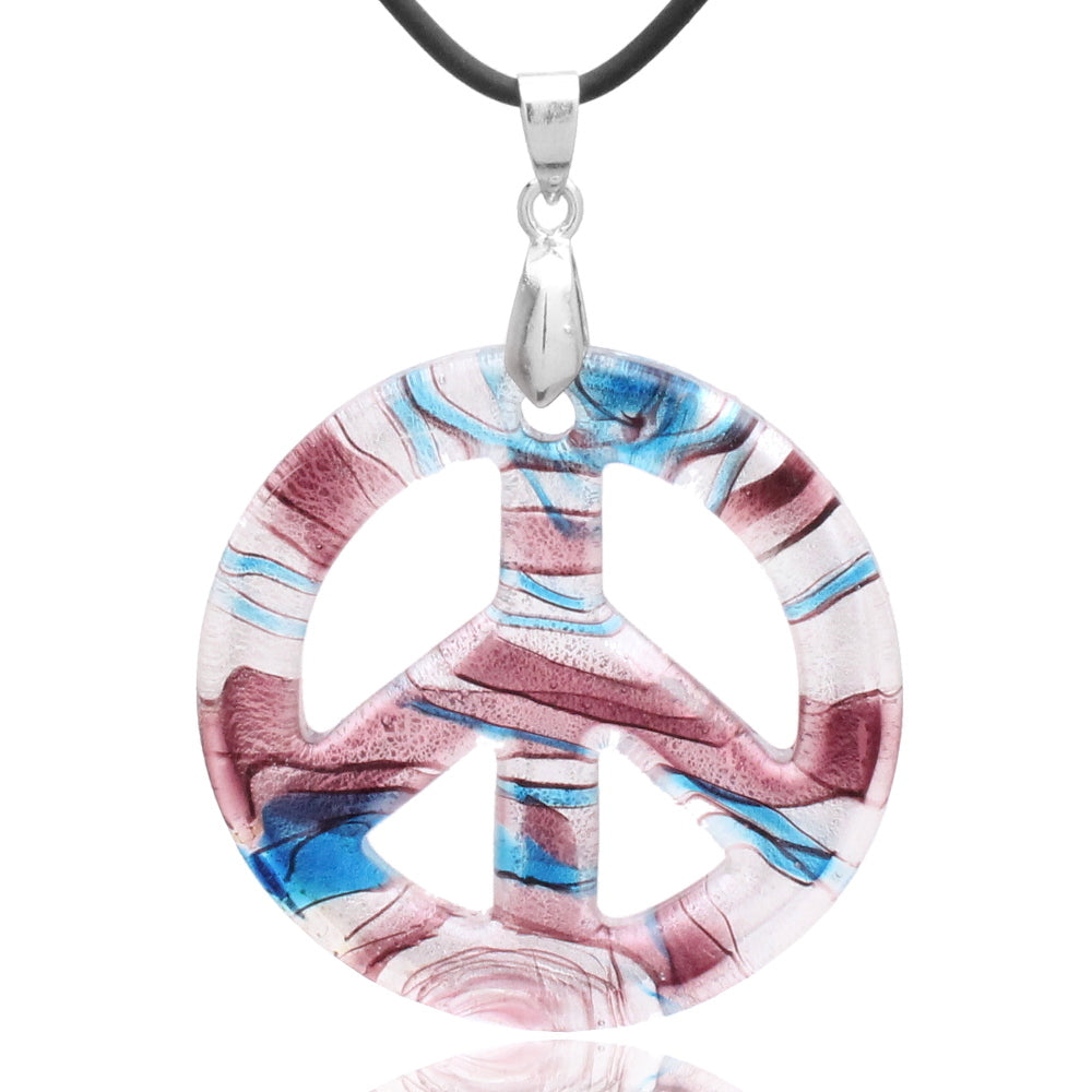 BESHEEK Handmade Murano Inspired Blown Glass Lampwork Art Purple, White and Blue Peace Sign Necklace Pendant ? Handcrafted Artisan Hypoallergenic Italian Style Jewelry