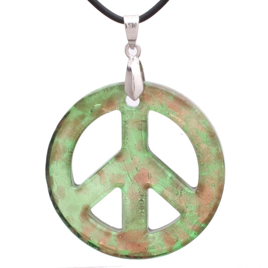 BESHEEK Handmade Murano Inspired Blown Glass Lampwork Art Greenand Gold Peace Sign Necklace Pendant ? Handcrafted Artisan Hypoallergenic Italian Style Jewelry