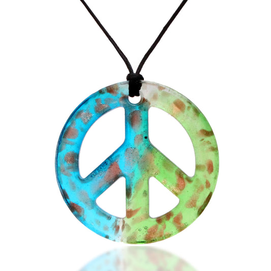 BESHEEK Handmade Murano Inspired Blown Glass Lampwork Art Aqua and Green Peace Sign Necklace Pendant ? Handcrafted Artisan Hypoallergenic Italian Style Jewelry