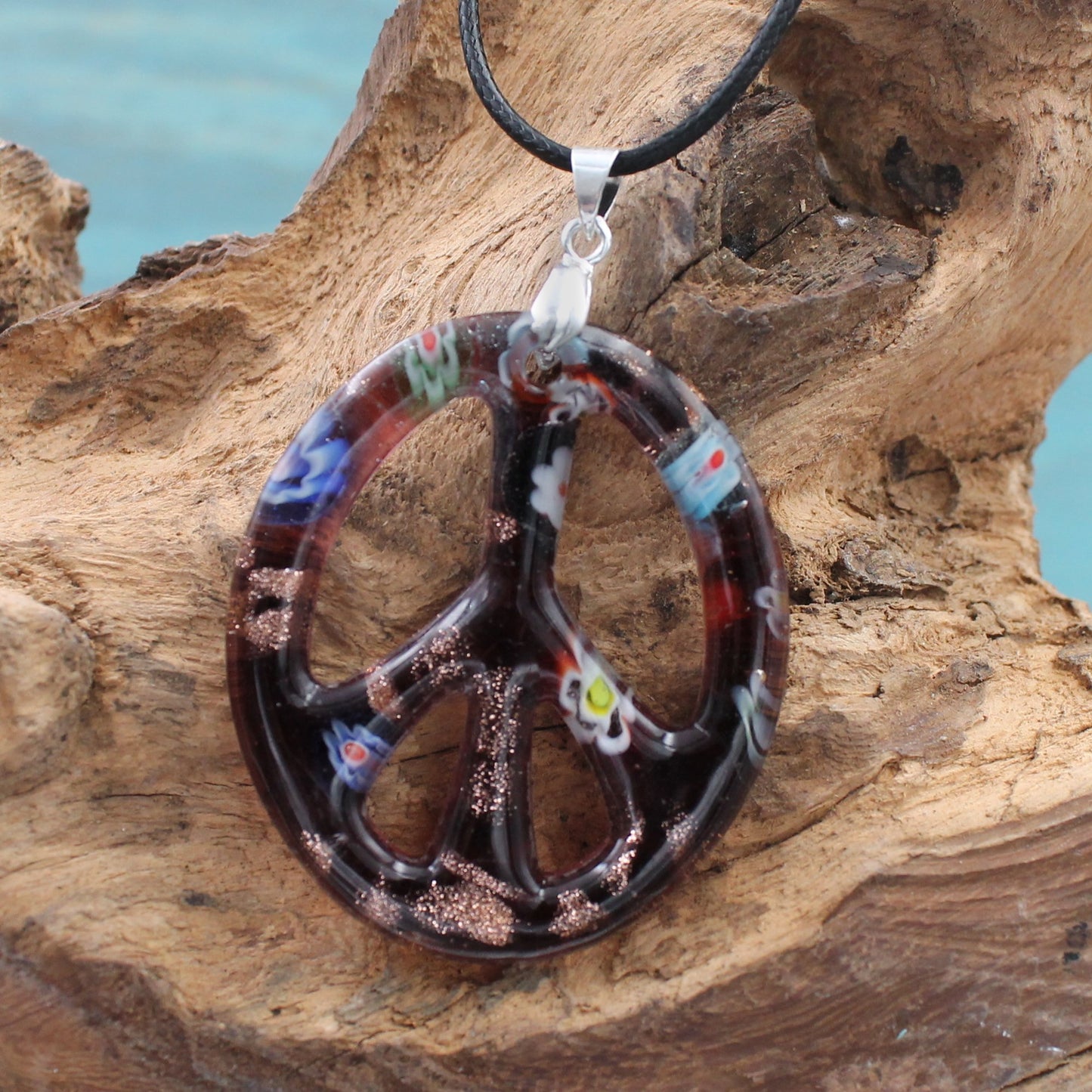 BESHEEK Handmade Murano Inspired Blown Glass Lampwork Art Oval purple glass peace sign Pendant Necklace? Handcrafted Artisan Hypoallergenic Italian Style Jewelry