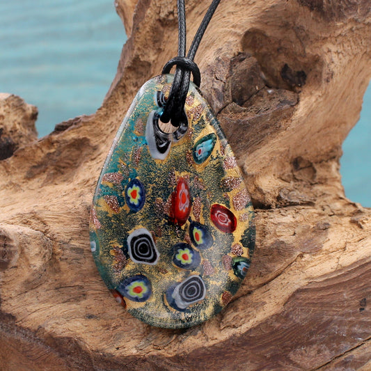 BESHEEK Handmade Murano Inspired Blown Glass Lampwork Art Oval Murrina glass Pendant Necklace Blue? Handcrafted Artisan Hypoallergenic Italian Style Jewelry