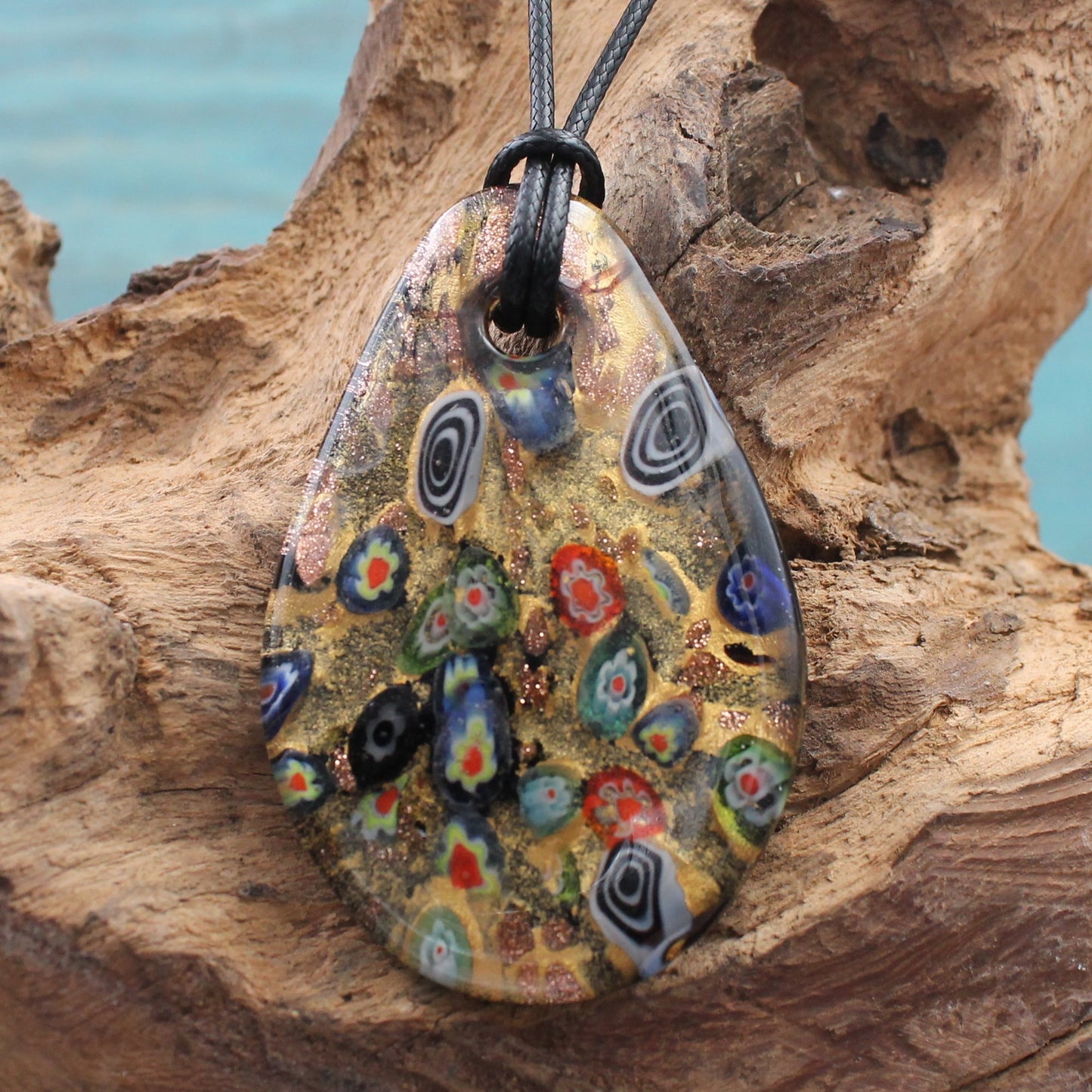 BESHEEK Handmade Murano Inspired Blown Glass Lampwork Art Oval Murrina glass Pendant Necklace Black? Handcrafted Artisan Hypoallergenic Italian Style Jewelry