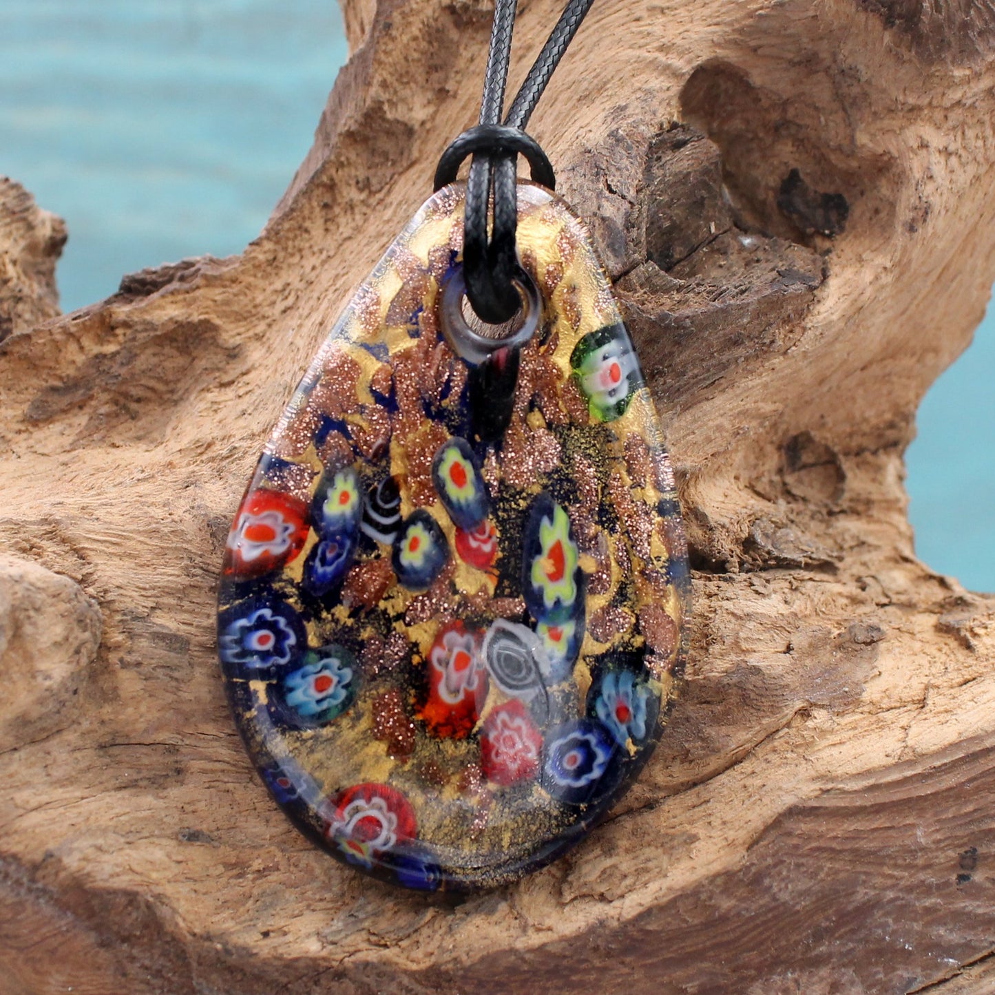 BESHEEK Handmade Murano Inspired Blown Glass Lampwork Art Oval Murrina glass Pendant Necklace Dark blue? Handcrafted Artisan Hypoallergenic Italian Style Jewelry