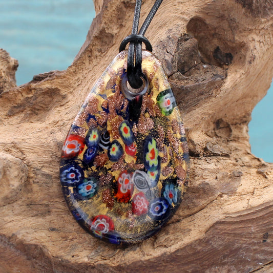 BESHEEK Handmade Murano Inspired Blown Glass Lampwork Art Oval Murrina glass Pendant Necklace Dark blue? Handcrafted Artisan Hypoallergenic Italian Style Jewelry