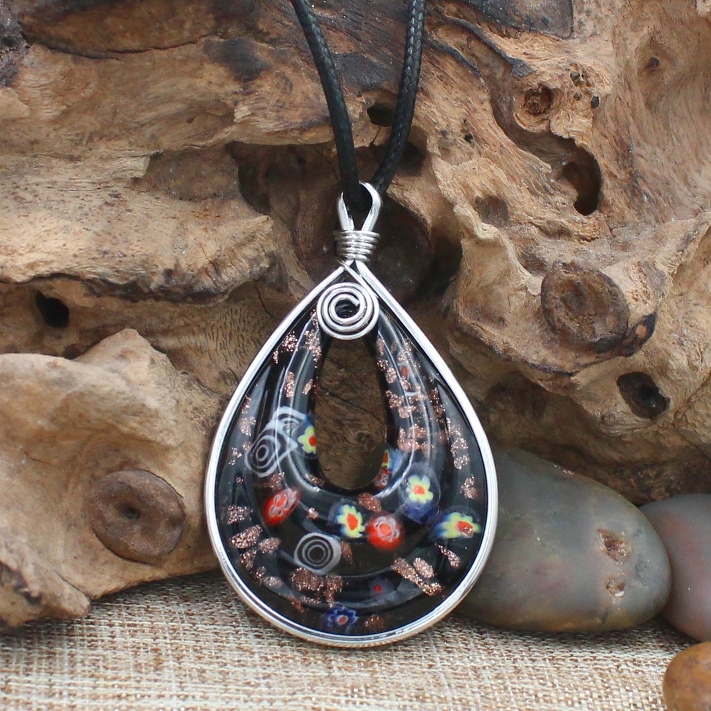 BESHEEK Handmade Murano Inspired Blown Glass Lampwork Art Black Millefiori Teardrop Donut Necklace Pendant ? Handcrafted Artisan Hypoallergenic Italian Style Jewelry