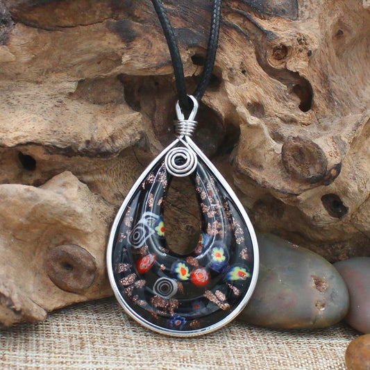 BESHEEK Handmade Murano Inspired Blown Glass Lampwork Art Black Millefiori Teardrop Donut Necklace Pendant ? Handcrafted Artisan Hypoallergenic Italian Style Jewelry