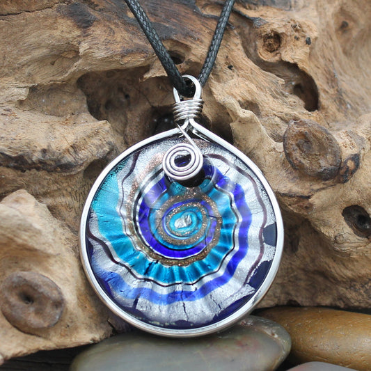 BESHEEK Handmade Murano Inspired Blown Glass Lampwork Art Royal Blue Spiral Waves Necklace Pendant ? Handcrafted Artisan Hypoallergenic Italian Style Jewelry