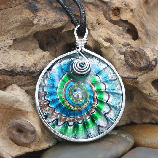BESHEEK Handmade Murano Inspired Blown Glass Lampwork Art Aqua Blue Spiral Waves Necklace Pendant ? Handcrafted Artisan Hypoallergenic Italian Style Jewelry