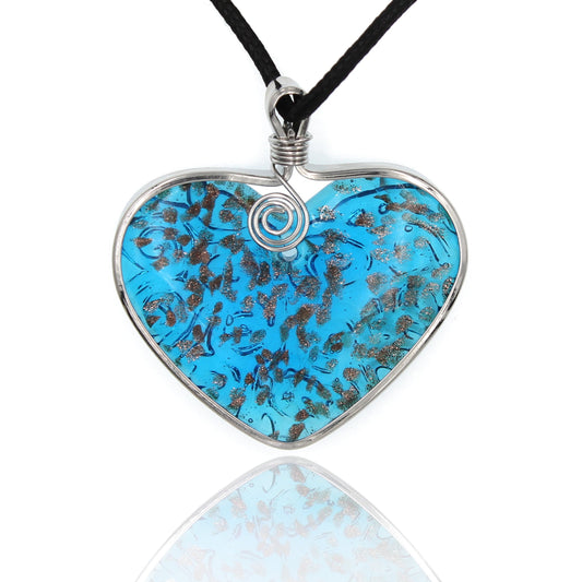 BESHEEK Handmade Murano Inspired Blown Glass Lampwork Art Aqua Blue and Gold Heart Necklace Pendant ? Handcrafted Artisan Hypoallergenic Italian Style Jewelry