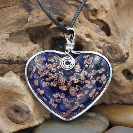 BESHEEK Handmade Murano Inspired Blown Glass Lampwork Art Royal Blue and Gold Heart Necklace Pendant ? Handcrafted Artisan Hypoallergenic Italian Style Jewelry